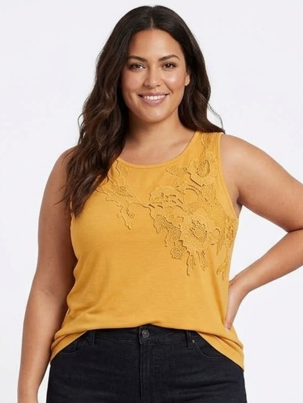 ME by JENNIE GARTH Mustard Lace-Appliqué Tank Top  Women's Sleeveless Tee